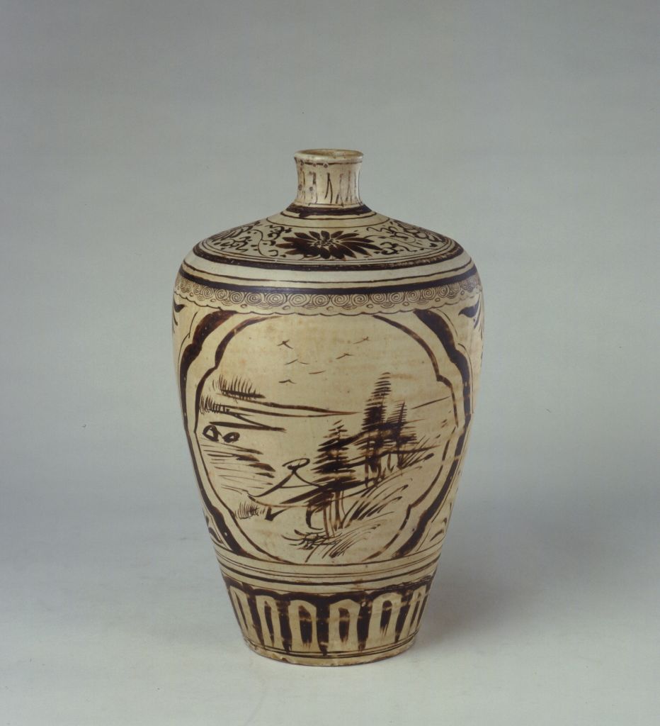 图片[1]-Pengcheng Kiln white ground black flower blooming landscape flower vase-China Archive